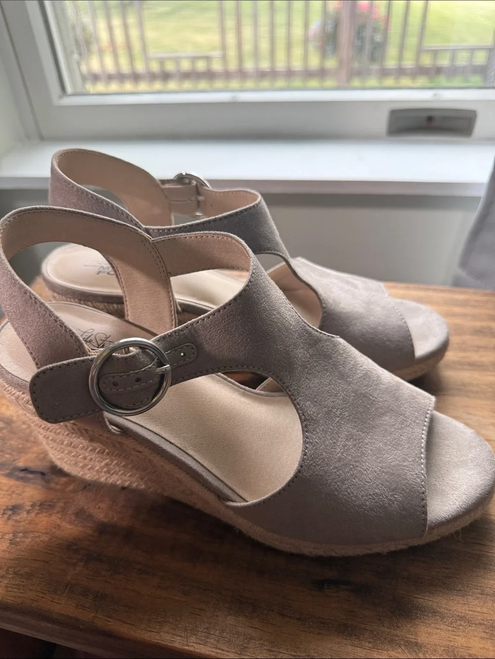 Life Stride Velocity Memory Taupe Suede Open-Toe Slingback Wedge Sandals